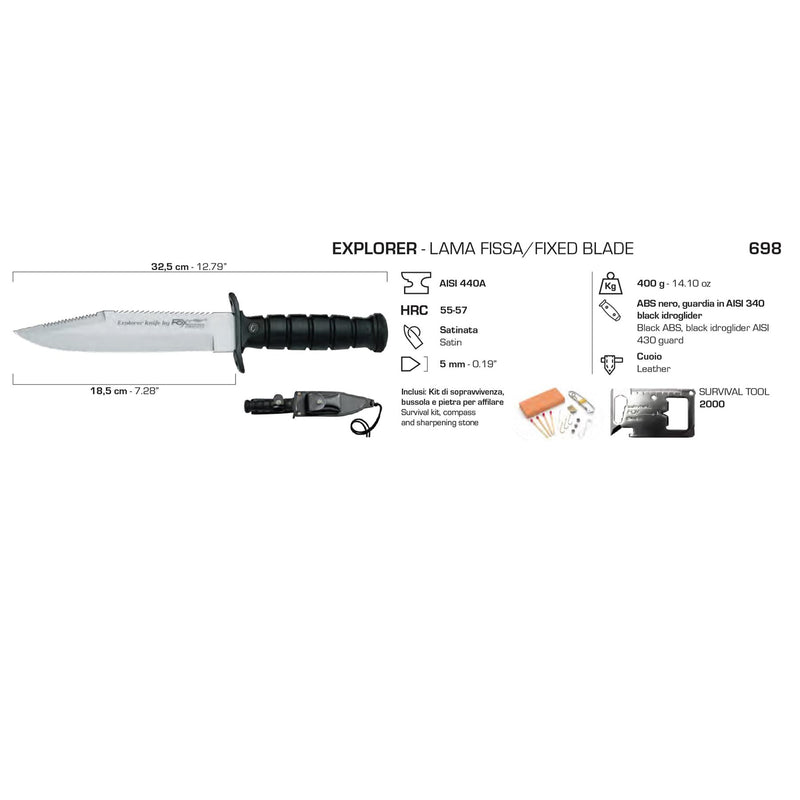 Fox coltelli Military Explorer Coltello fisso 55-57 HRC 440 Acciaio Blade Survival Kit